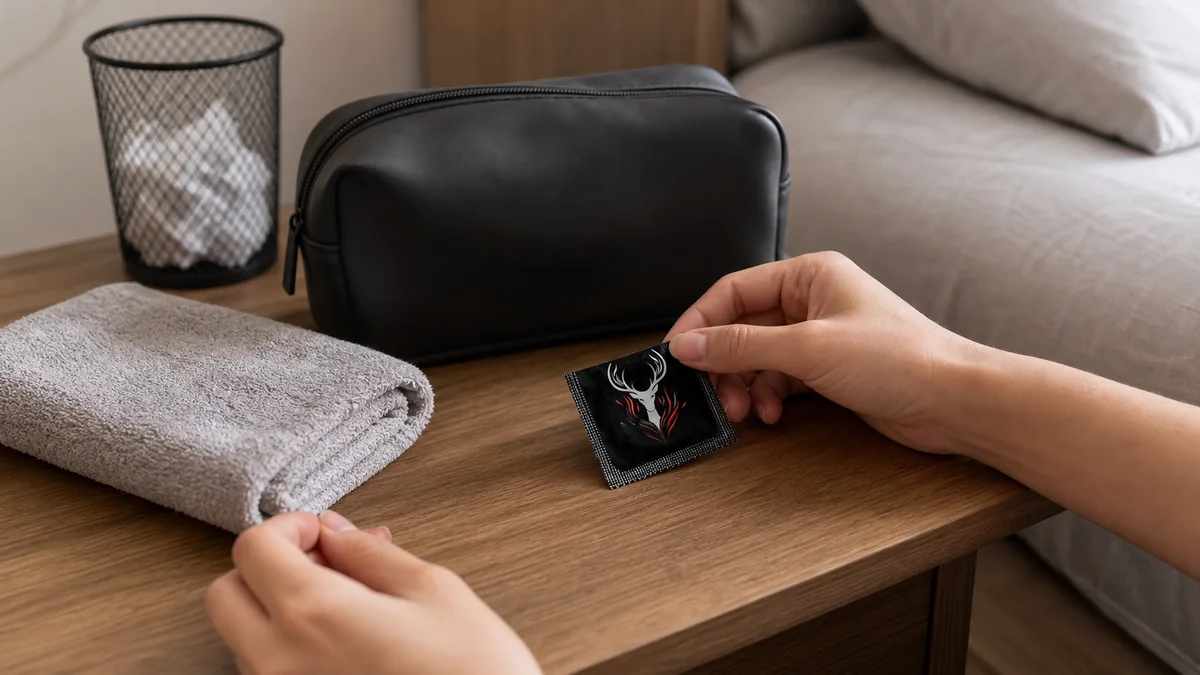 Adult hands arranging an unopened black finger condom packet, clean towel, and neutral pouch on a private bedside table