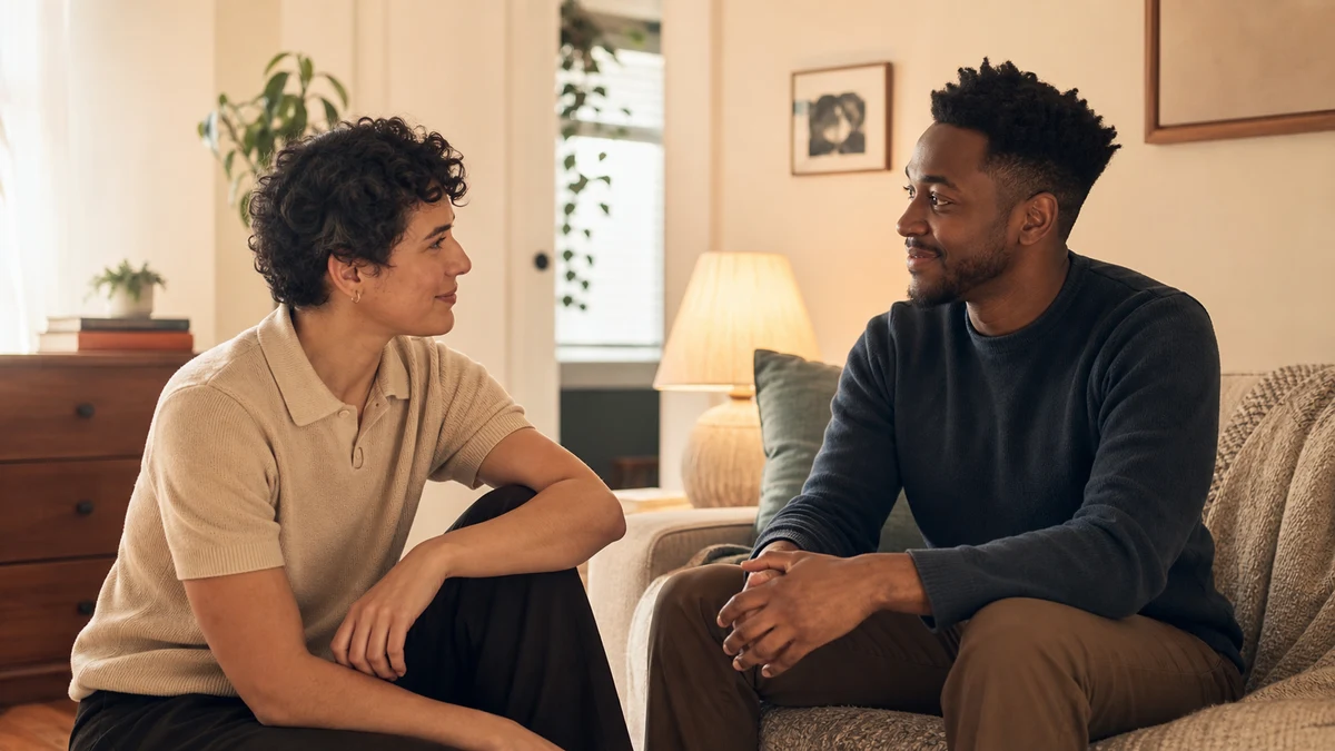Two adults having a calm private conversation with open, attentive body language
