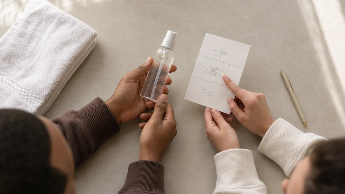 Two adult hands reviewing an unbranded lubricant label and simple directions on a clean tabletop