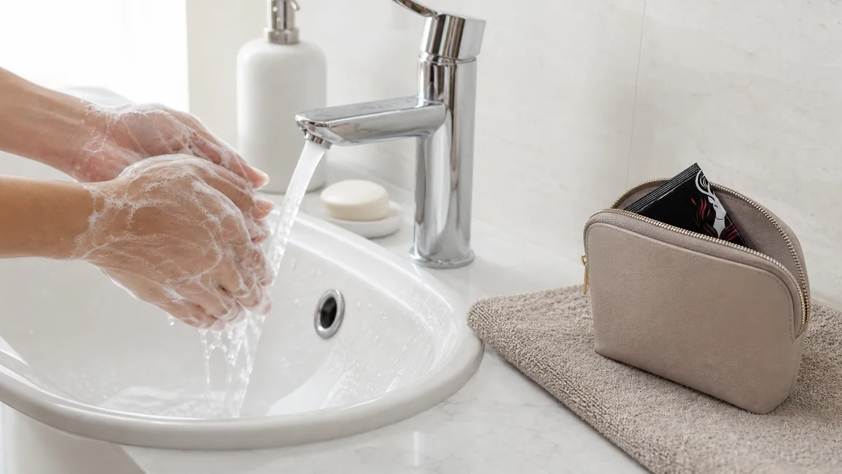 Adult washing hands beside a clean towel and closed pouch holding an unopened black finger condom packet