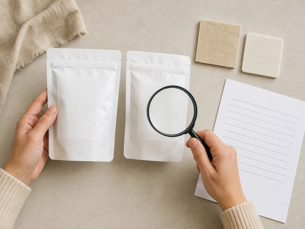 Magnifying glass over two blank unbranded packages with separate material swatches