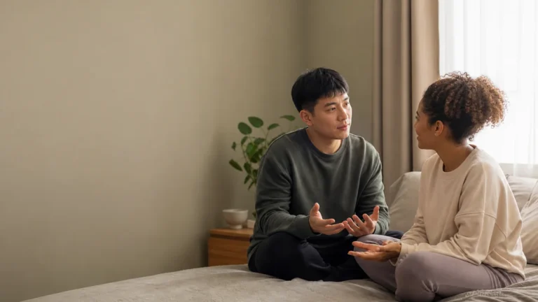 Two fully clothed adults having a calm private conversation with attentive body language