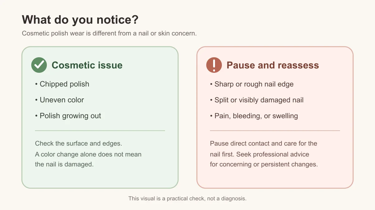 Two-column guide comparing cosmetic polish wear with nail concerns that call for a pause
