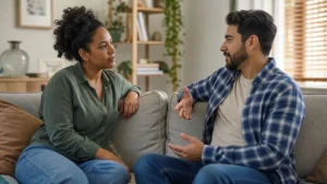 Two fully clothed adult partners having a calm private conversation at home