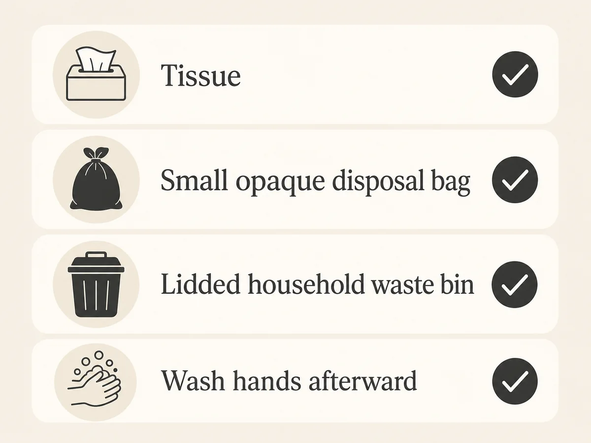 Checklist for discreet disposal using tissue, an opaque bag, and a lidded household waste bin