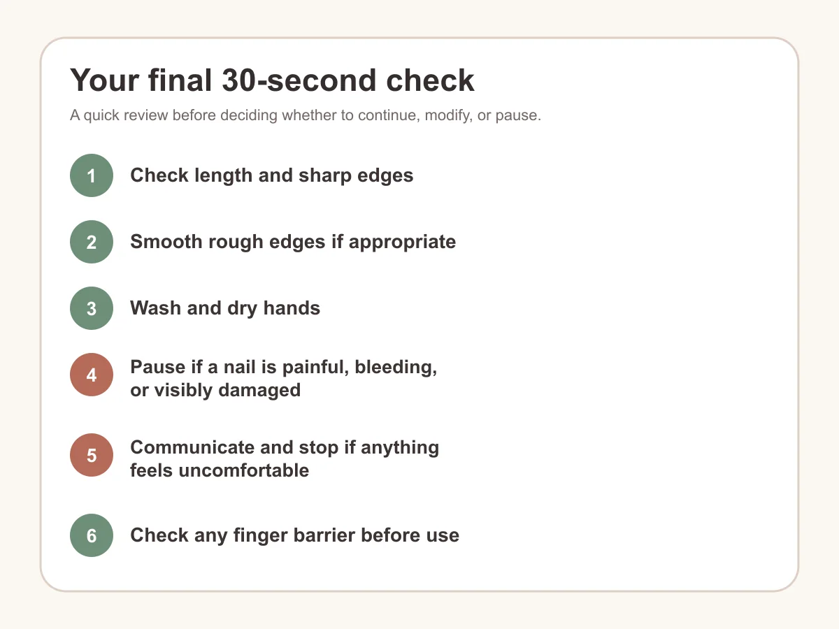 Six-step checklist for nail edges, handwashing, visible damage, comfort, and finger barriers