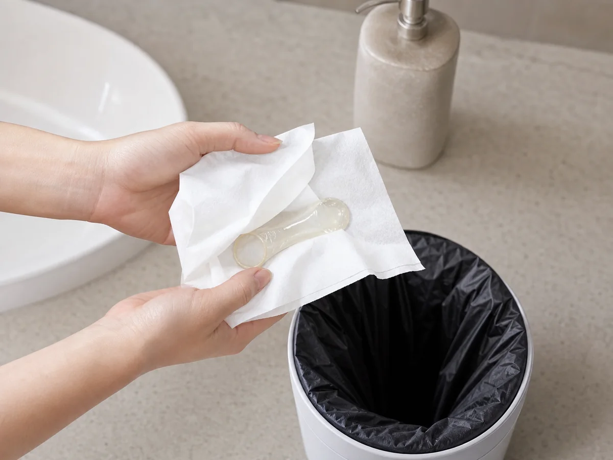 Adult hands wrapping a removed translucent finger barrier in tissue beside a lined household trash bin and sink