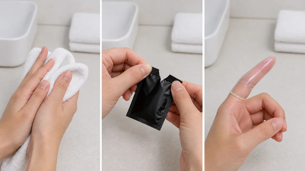 Three non-explicit panels showing clean hands, an opened wrapper, and a translucent barrier rolled onto one finger