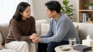 Two adults holding hands near a folded towel and a small translucent finger barrier on a neutral side table