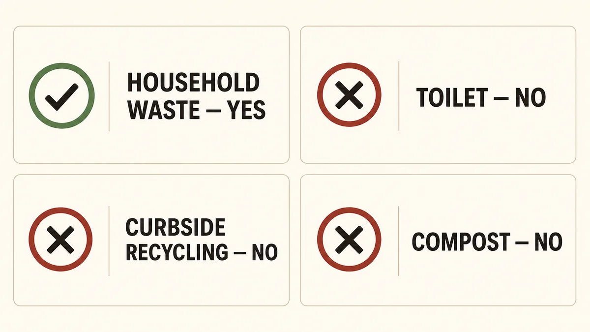 Disposal summary showing household waste as correct and toilet, recycling, and compost as incorrect