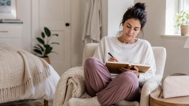 Fully clothed adult relaxing in a private room with a closed personal-care pouch on a nearby table