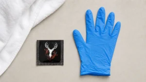 Sealed black finger condom packet beside an unbranded blue disposable glove on a clean neutral surface