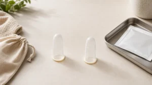 Unbranded finger sleeves separated by personal-care and clinical-use objects on a neutral table