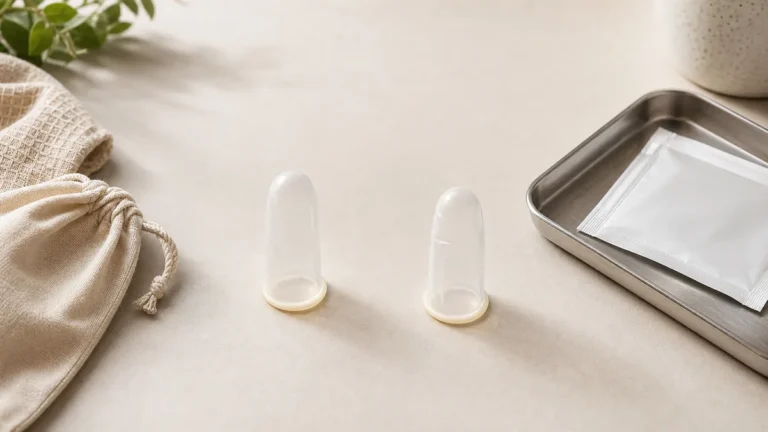 Unbranded finger sleeves separated by personal-care and clinical-use objects on a neutral table