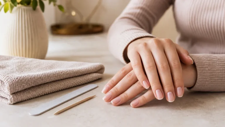 Manicured adult hands resting beside a nail file, cuticle stick, and folded towel