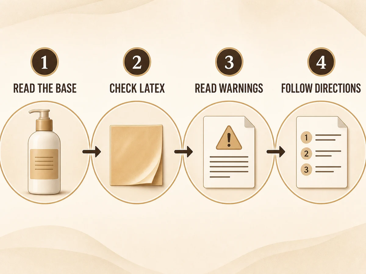 Four-step label check covering lubricant base, latex compatibility, warnings, and directions