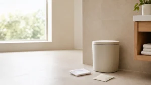 Folded tissue beside a small lidded household waste bin in a clean private bathroom