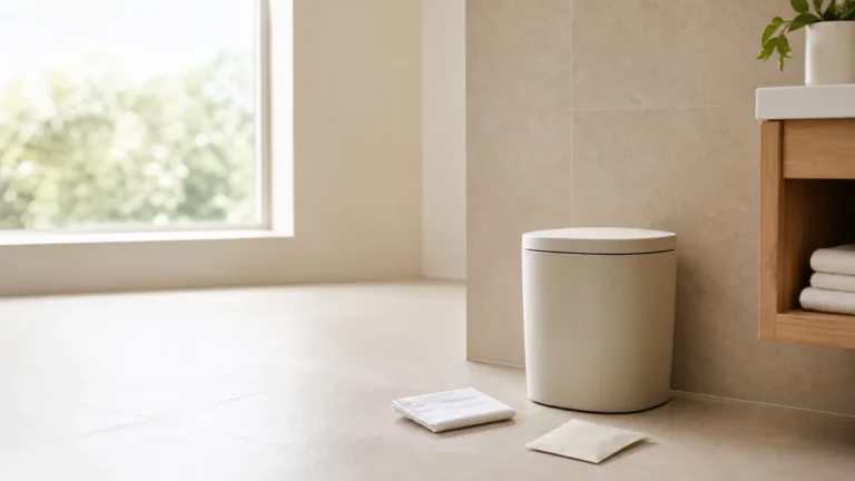 Folded tissue beside a small lidded household waste bin in a clean private bathroom