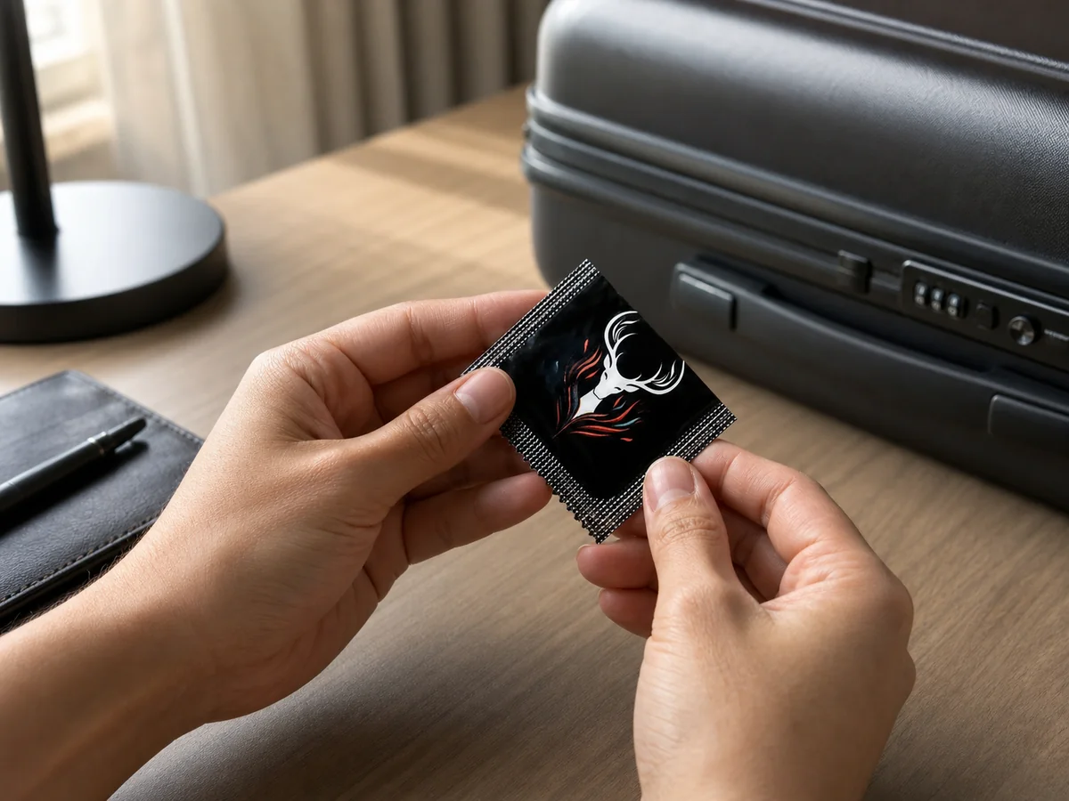 Adult hands checking the edges of an intact unopened black finger condom packet on a hotel desk
