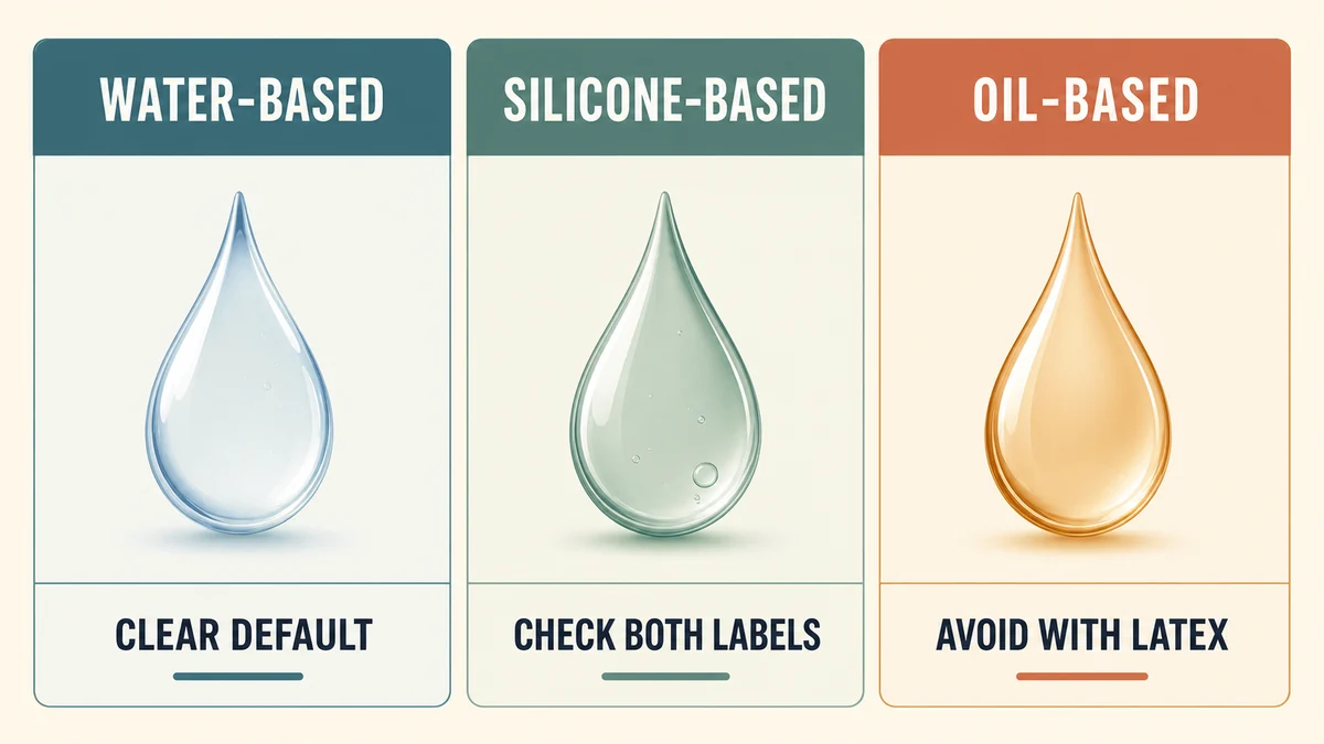 Three-column lubricant guide comparing water-based, silicone-based, and oil-based options for natural latex