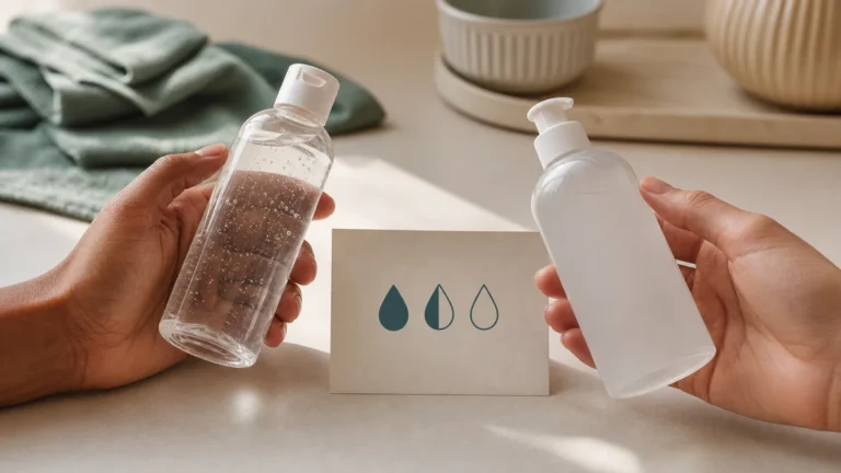 Adult hands comparing two unbranded lubricant bottles beside a neutral compatibility card