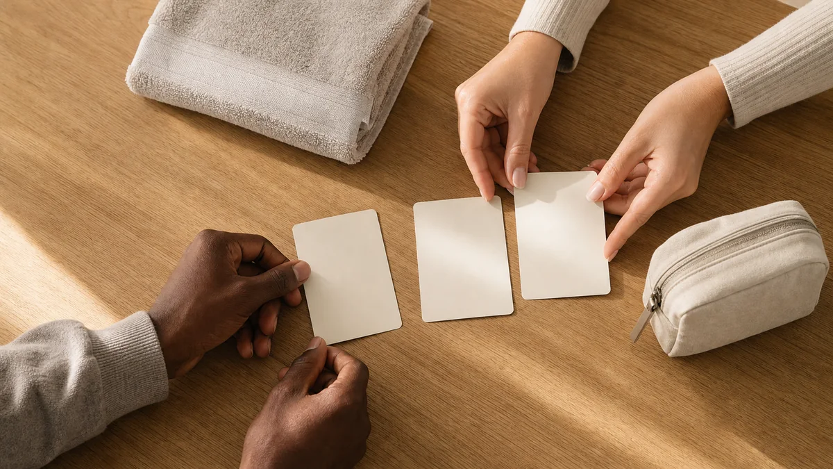 Two adults collaboratively arranging neutral option cards beside simple personal-care items
