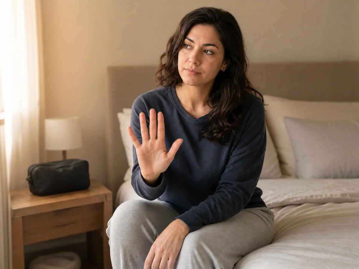Fully clothed adult seated on a bed making a calm pause gesture with a closed personal-care pouch nearby