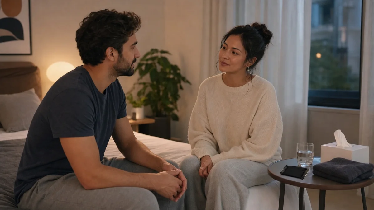Two adults talking beside a folded towel, tissues, a water glass, and an unopened finger barrier