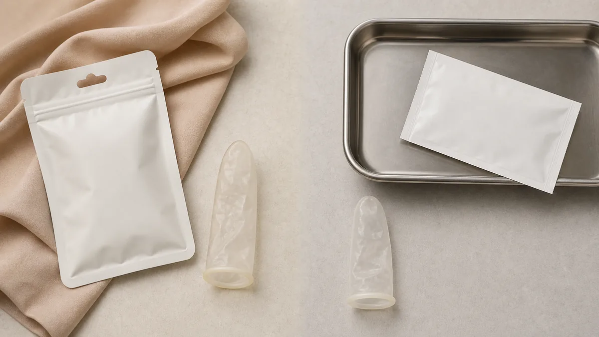 Two unbranded finger sleeves placed separately beside a personal-care pouch and a clinical supply tray