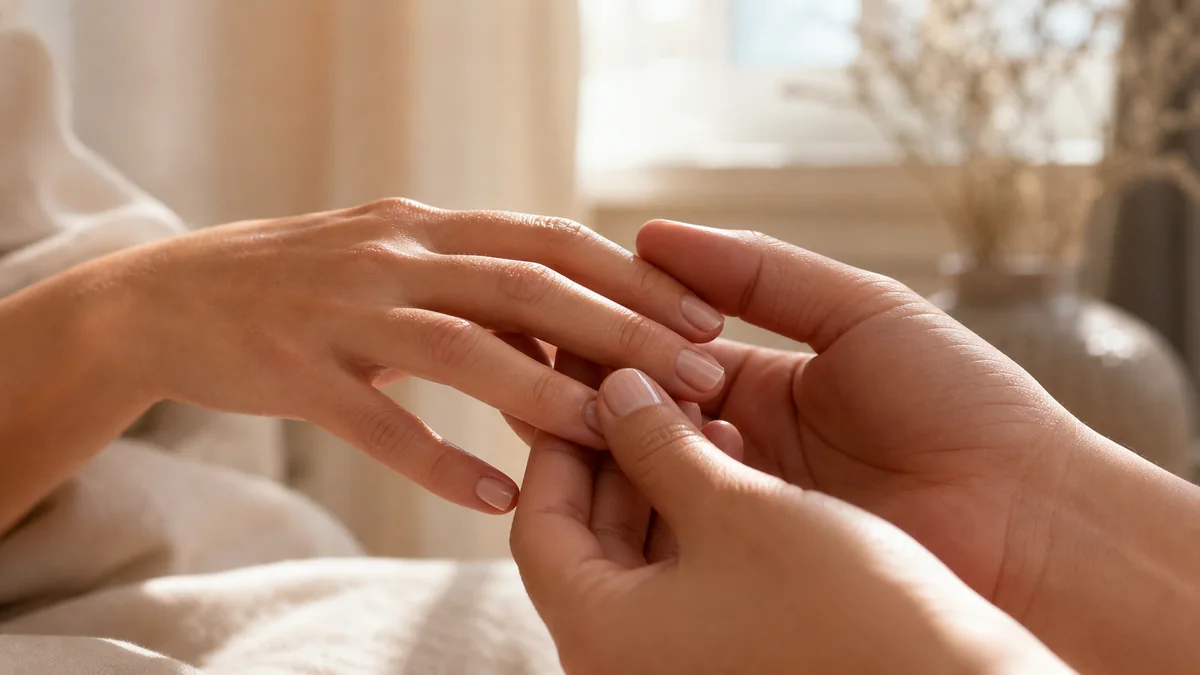 Adult hands gently inspecting a neat manicure in warm indoor light