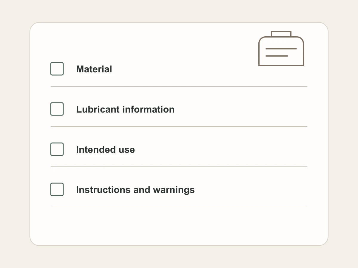 Product label checklist for material, lubricant information, intended use, instructions, and warnings