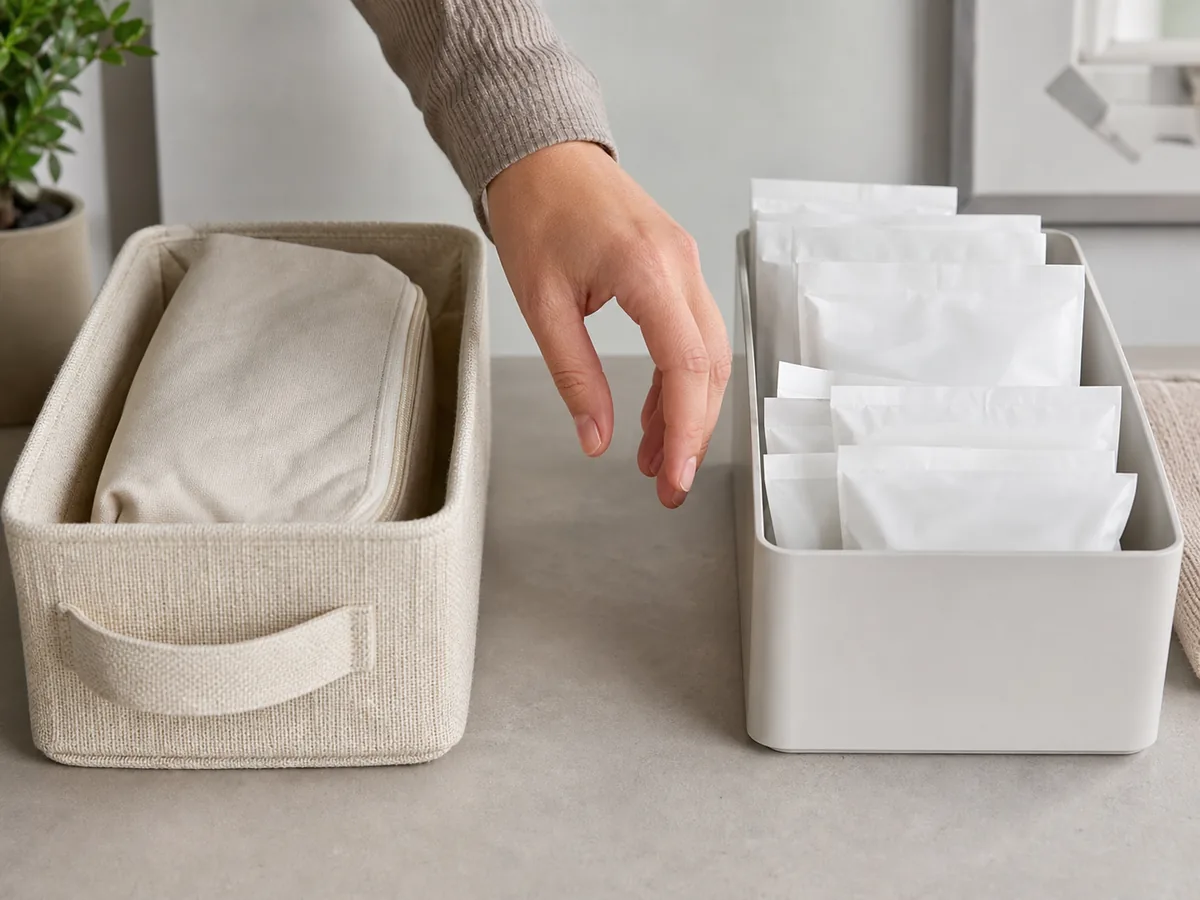 Adult hand pausing between a personal-care drawer and a separate clinical supply organizer