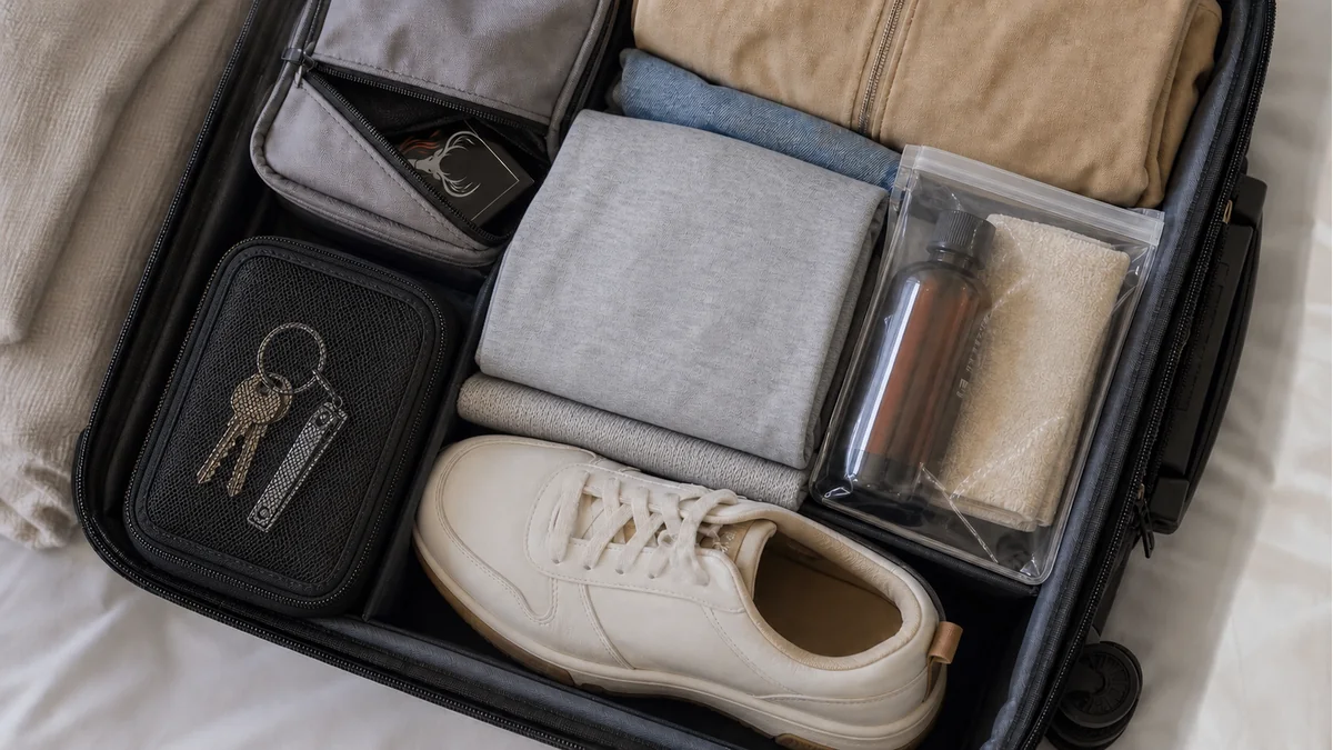 Top-down travel layout with a protected black packet in a pouch separated from keys, toiletries, and a packed shoe