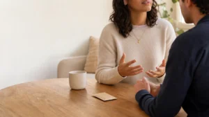 Two adults discussing personal preferences at a table beside a plain unbranded packet