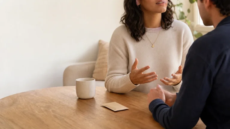 Two adults discussing personal preferences at a table beside a plain unbranded packet