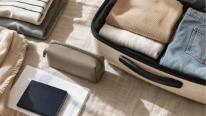 Compact carry-on bag with a closed neutral travel pouch, passport, and folded clothes on a bright packing table