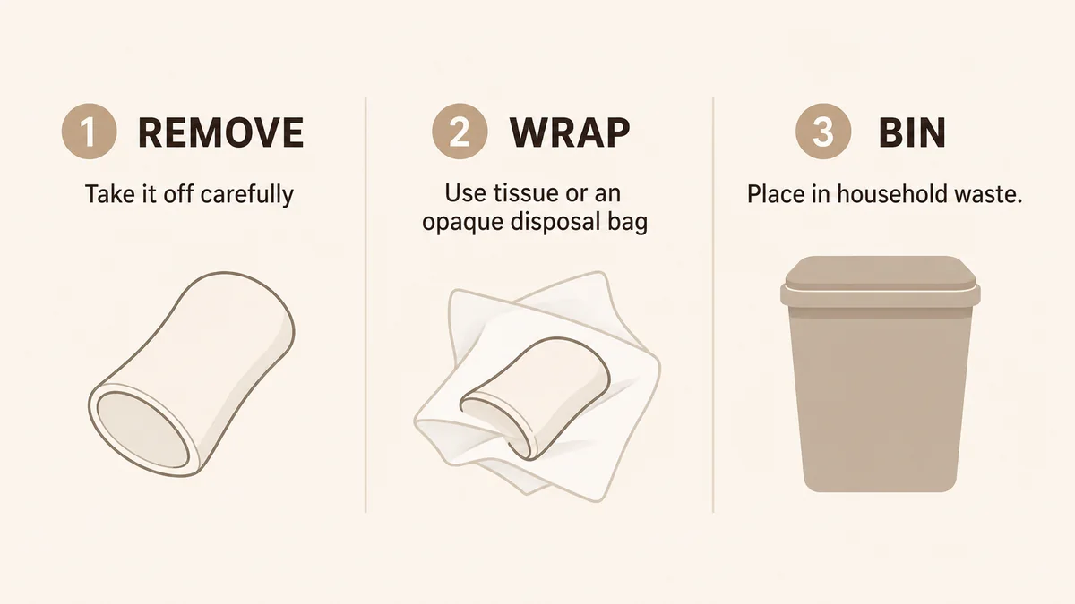 Three-step disposal process: remove, wrap for privacy, and place in household waste