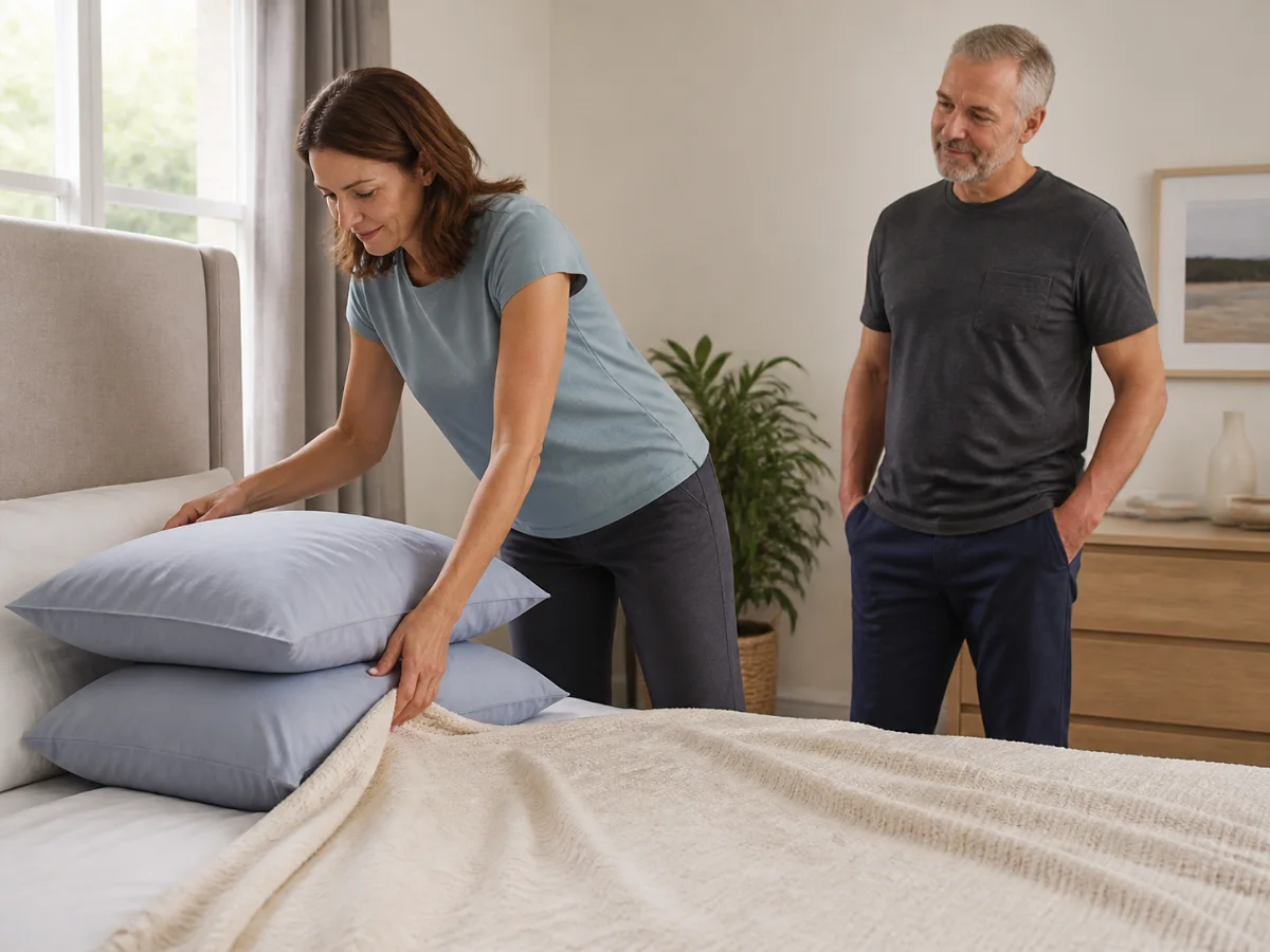 Fully clothed adult adjusting supportive pillows on a bed while a partner waits nearby