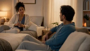 Two adults resting close together in a softly lit room with relaxed, respectful body language