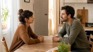 Two fully clothed adults in a warm home setting having an attentive face-to-face conversation