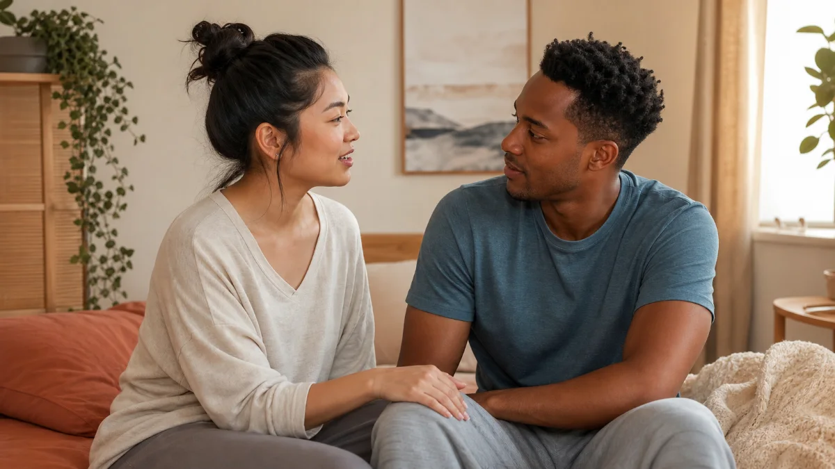 Two fully clothed adults sitting together and having a calm check-in after an intimate moment