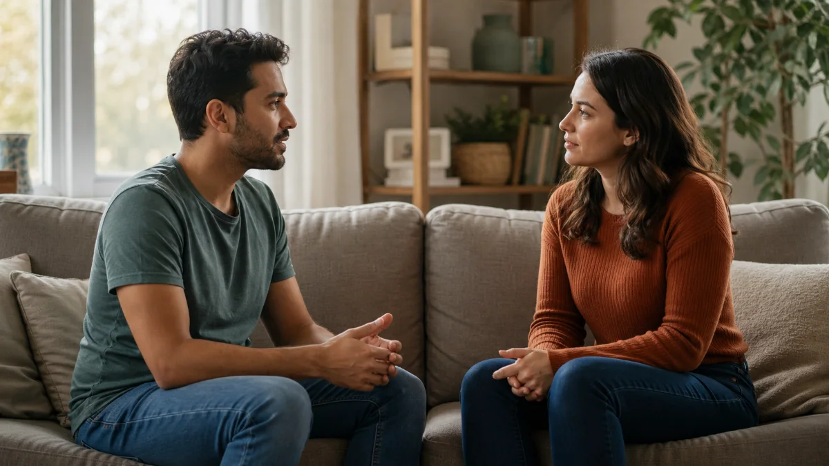 Two fully clothed adults having a calm private conversation while seated at home