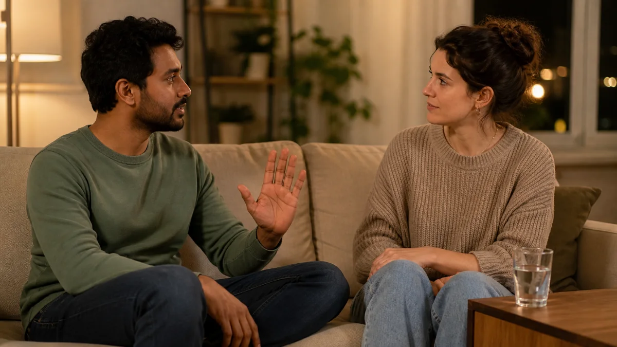 Two fully clothed adults seated together as one uses a gentle open-hand pause gesture