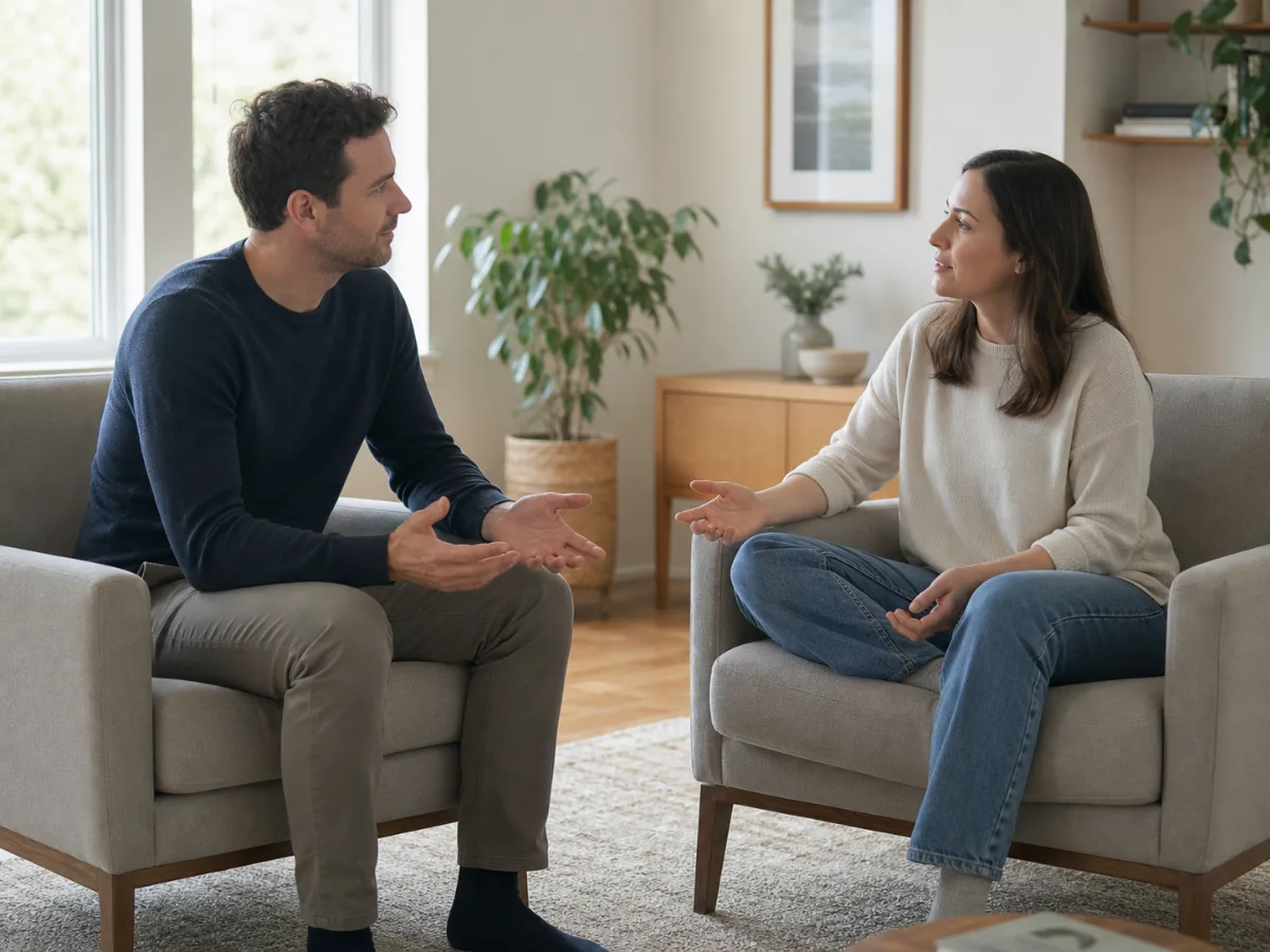 Two fully clothed adults having a calm face-to-face check-in with relaxed open gestures