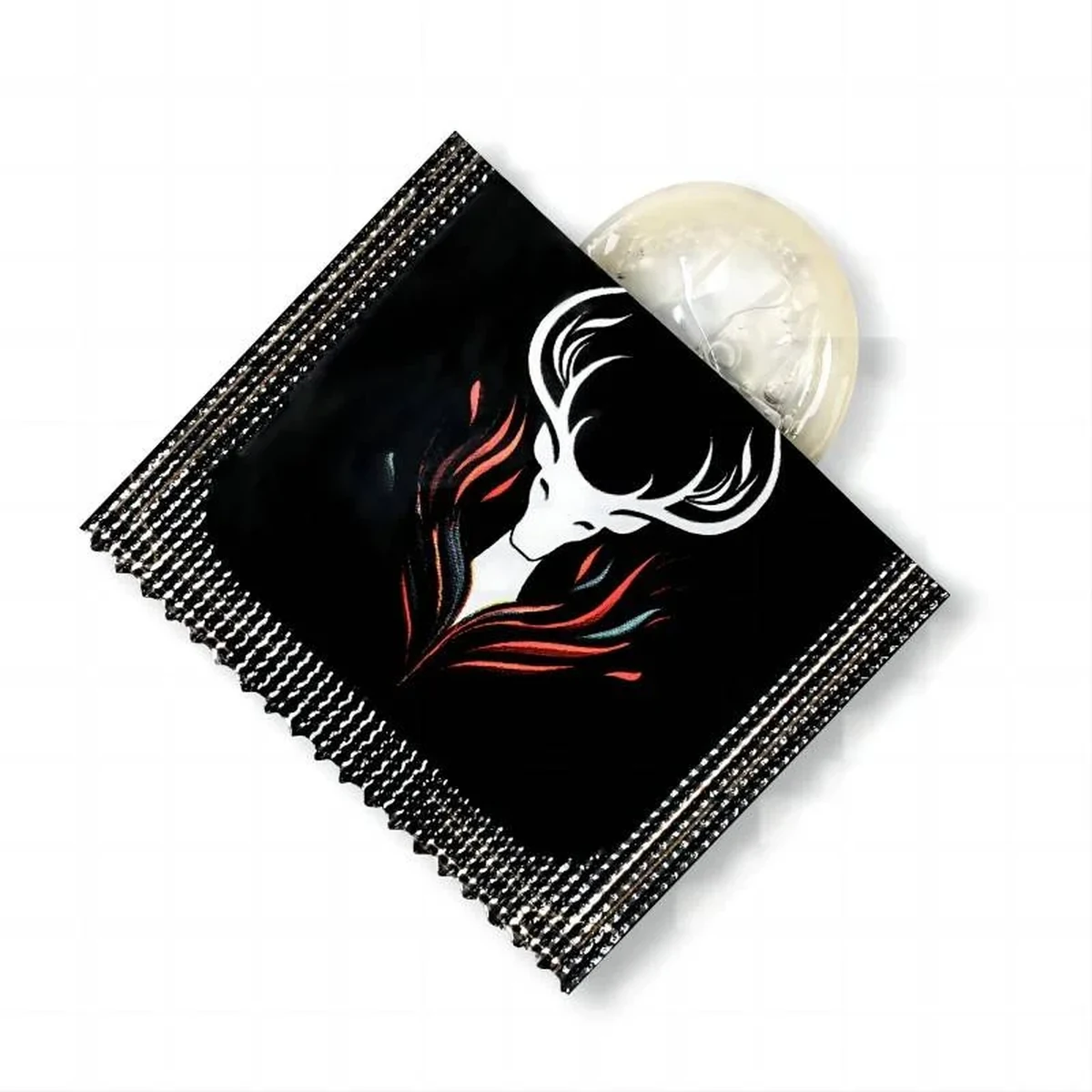 Translucent rolled finger condom partly visible above its opened black individual packet