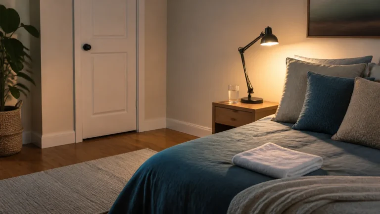 Warm private room with adjustable lamp, supportive pillows, folded towel, and clear bedside space