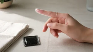 Adult hand checking a transparent finger condom beside an unopened black packet on a softly lit table