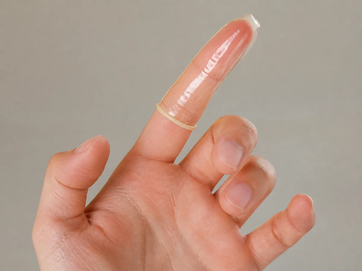 Adult hand wearing a transparent finger condom with a visible rolled base against a neutral background