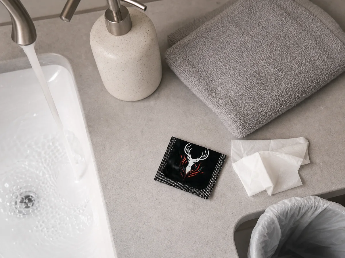 Bathroom counter with soap, a clean towel, tissue, a small wastebasket, and a sealed Callimis finger condom packet