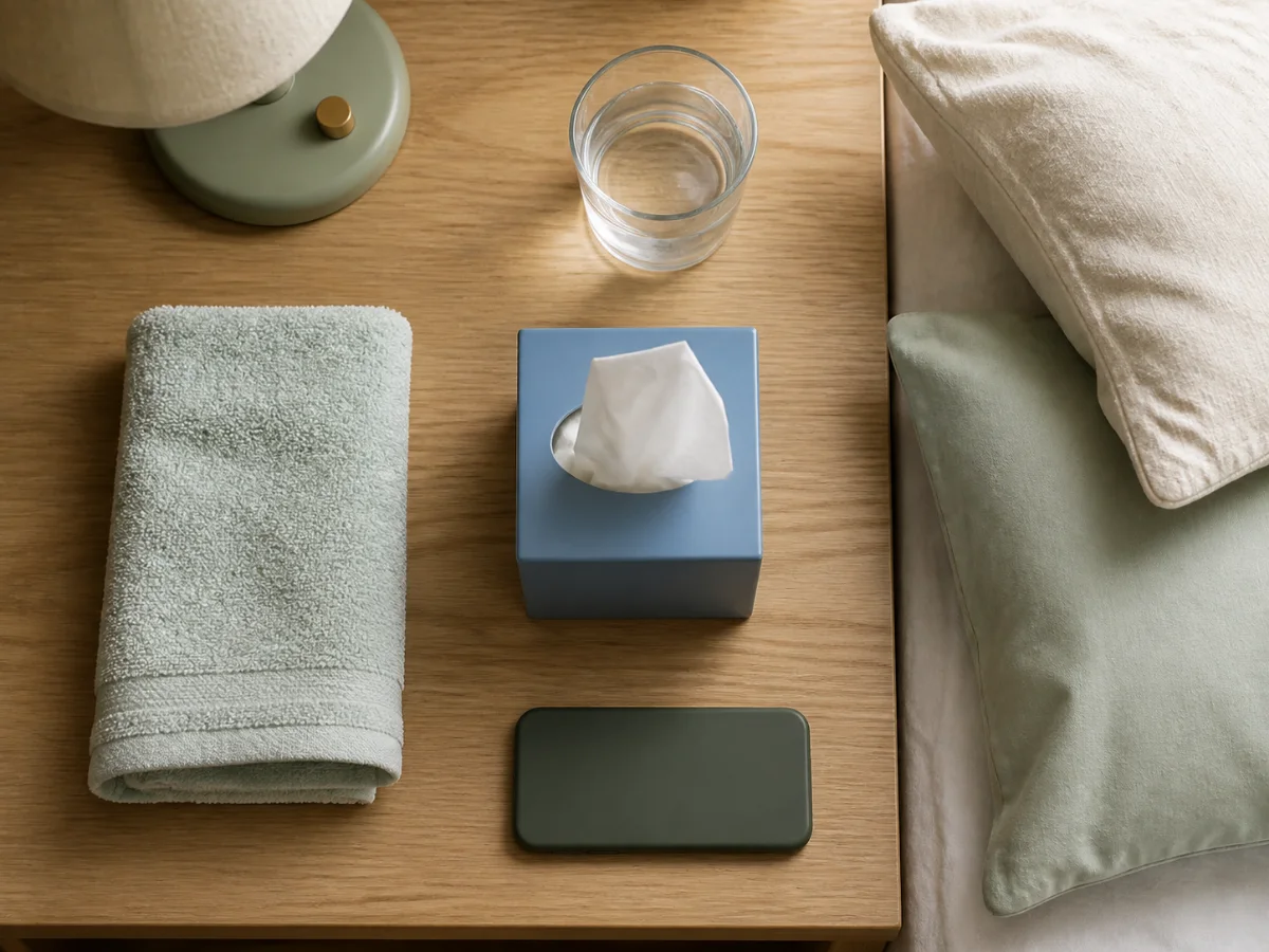 Folded towel, water glass, pillows, tissues, lamp control, and phone arranged beside a bed